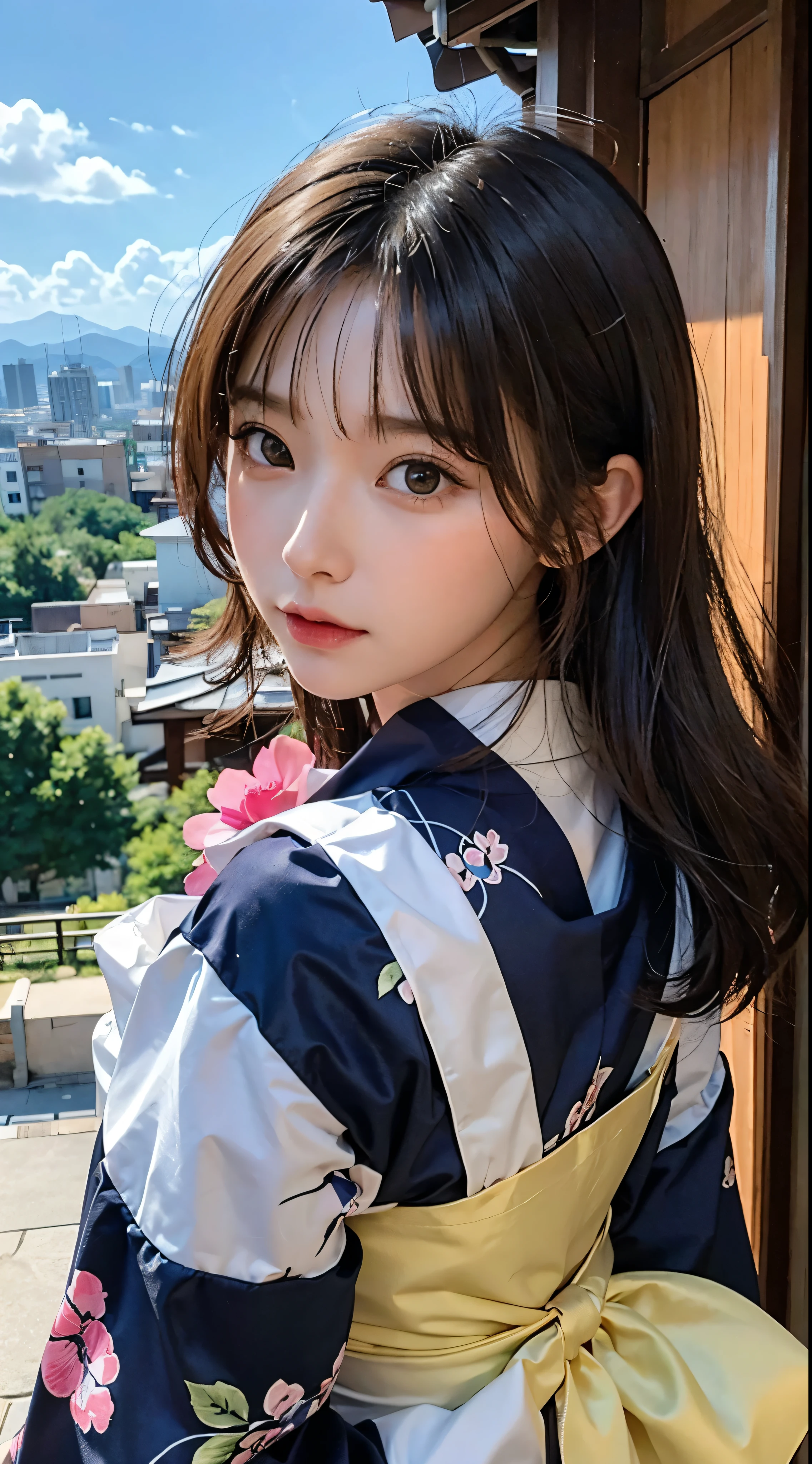 Top quality masterpiece:1　.2Ultra high definition、High resolution、Ultra HD Detailed Backgrounds:1.37 Detailed Eyes:1.5、Beautiful detailed eyes anime:1.2、Anime Style 1 Girl:1.2 people、Young girl:1.2 people beautiful girl:1.37、Long Hair Girl:1.4。Expressive Face:1.5、Kimono with expressive anime faces:1.2、Vivid Kimono ，Landscape from the top of the hill:1.37、Outdoor、Beautiful summer sky:1.4、Please change the filled area to background.,
