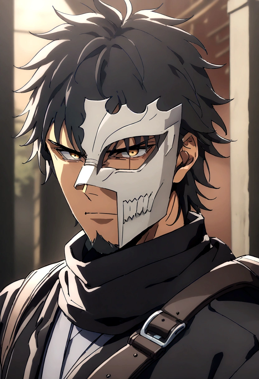 Anime man, shaved beard, serious face, black fluffy messy hair, black suit, cool, ((best quality)), black scarf, black waist straps, Fanny pack across shoulder, full hollow mask covering whole face