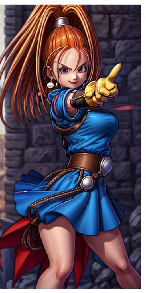 DQ6 Barbara, High Ponytail, Dress, Large breasts,
(Best Quality, masutepiece, Raw photo, Ultra-detailed:1.2), 1 girl Solo, Looking at Viewer, Smile, flered skirt, Skirt flips in the wind, Pose emphasizing buttocks, from front, cowboy shot, thumbs up