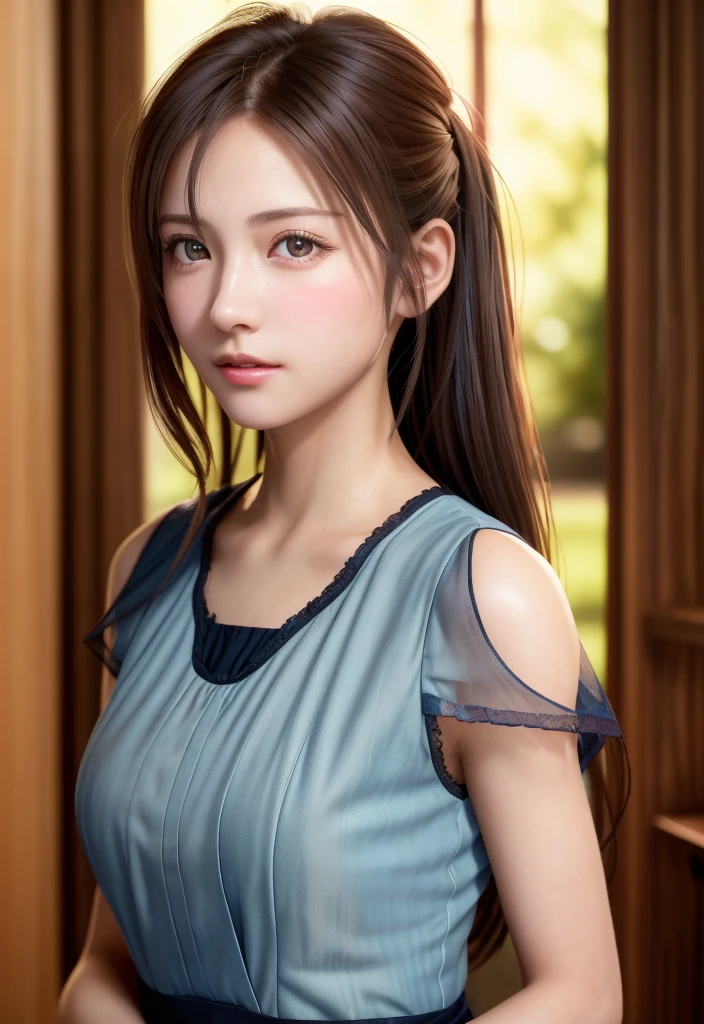 8K, of the highest quality, masutepiece:1.2), (Realistic, Photorealsitic:1.37), of the highest quality, masutepiece, Beautiful young woman, Pensive expression, Gentle eyes, Cute Maid Clothes, Hair tied back, feeling radiant, Cinematic background,, Light skin tone