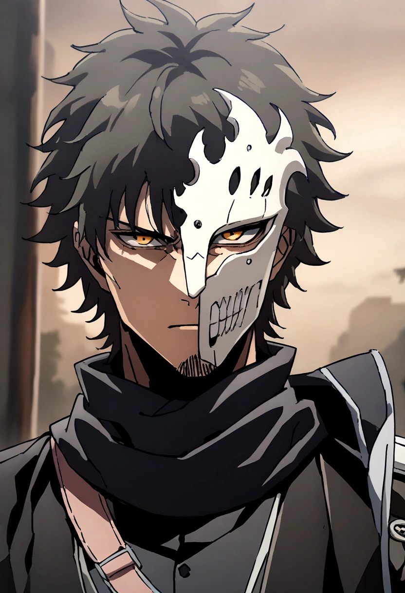 Anime man, shaved beard, serious face, black fluffy messy hair, black suit, cool, ((best quality)), black scarf, black waist straps, Fanny pack across shoulder, full hollow mask covering whole face