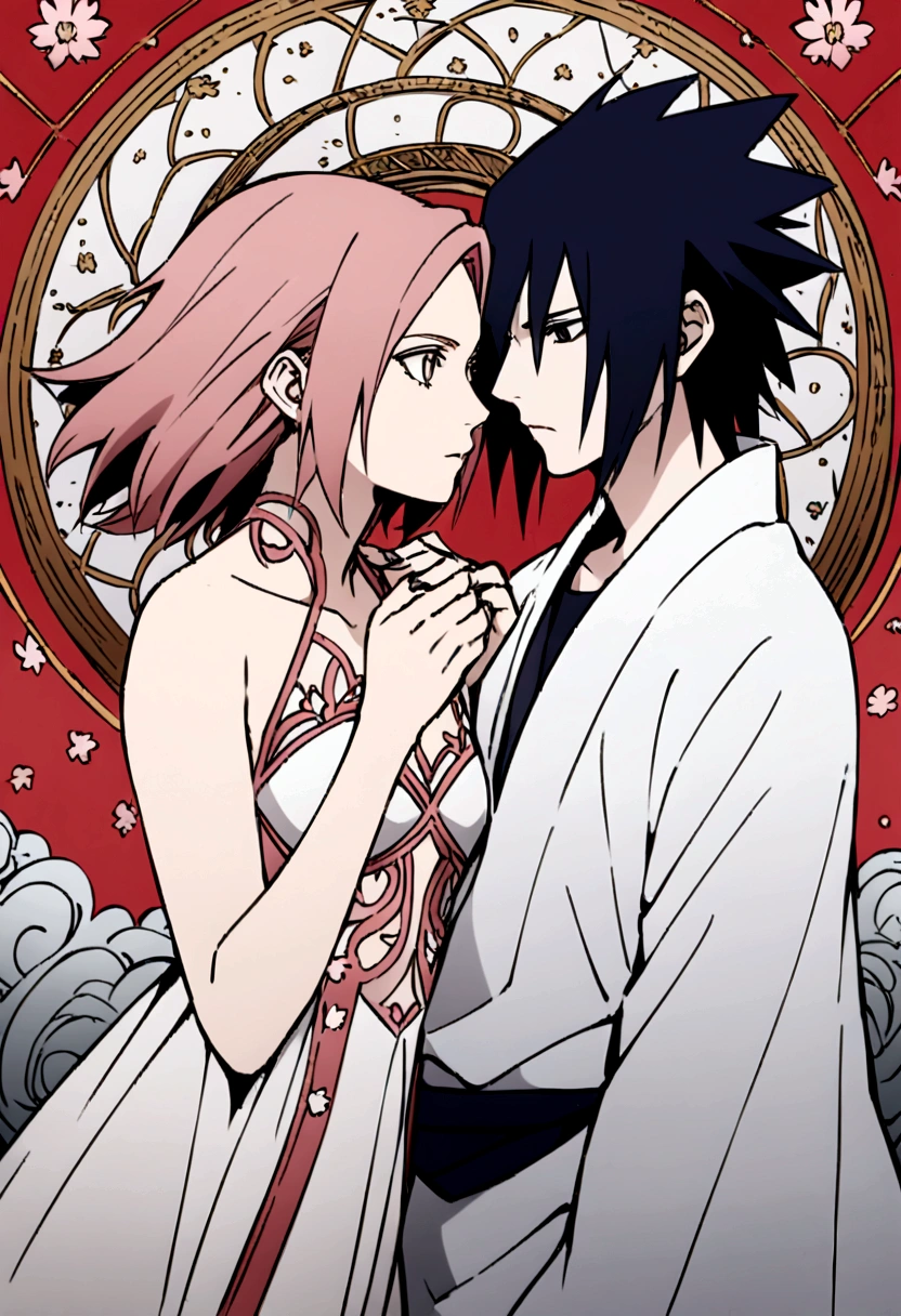 an illustration of sakura haruno and sasuke uchiha that represents the phrase "the start of everything"
