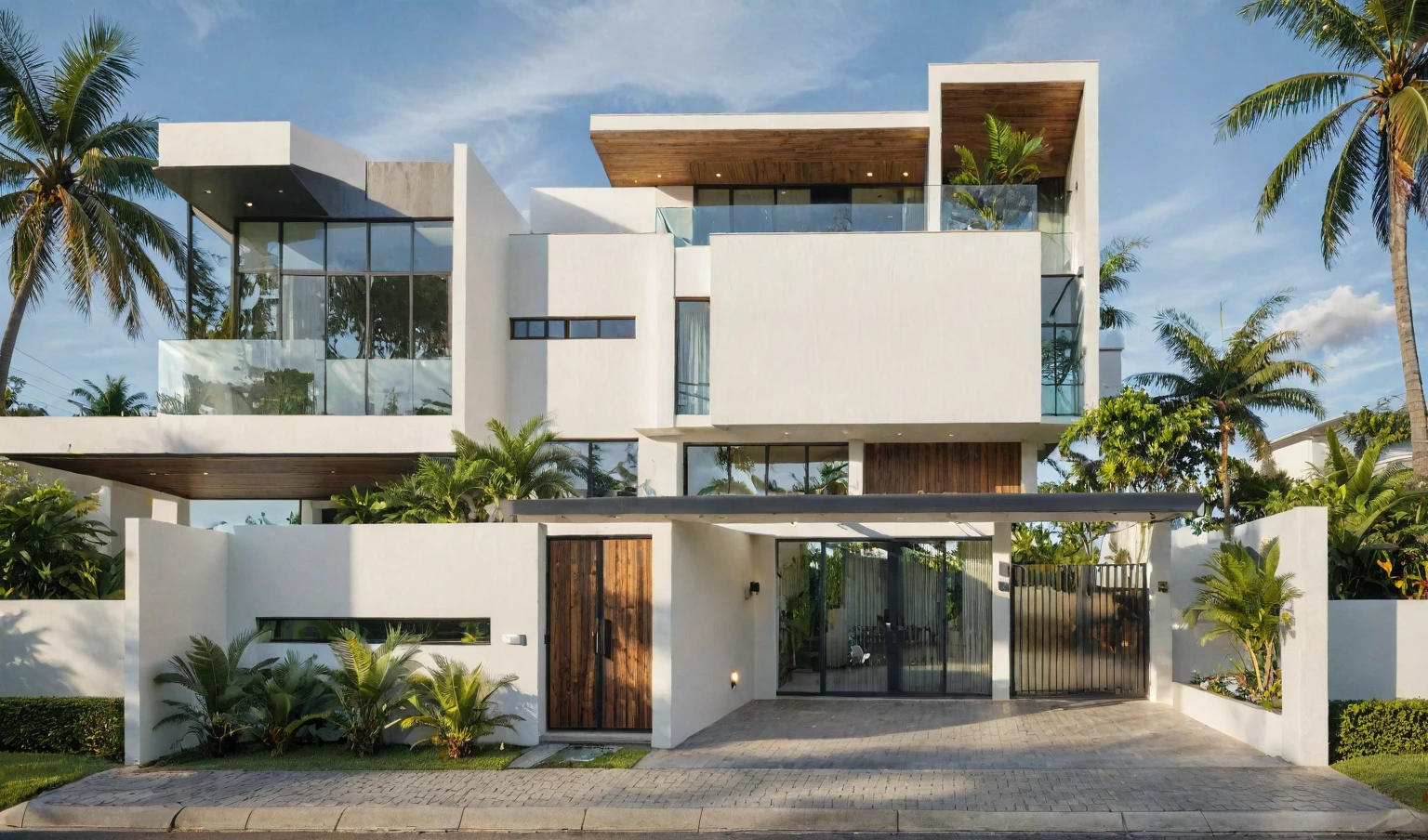 exterior house, contemporary style, white wall, wood wall, steel door, glass window, (realistic:1.2), Masterpiece, high quality, best quality, authentic, super detail, outdoors,road, trees, sky, cloud, (daylight:1.1), modern luxury villa, coconut trees, landscape, along the white beach, clear sky, day time, warm lighting RAW Photo, RAW texture, Super Realistic, 32K UHD, DSLR, soft lighting, high quality, film rating, Fujifilm XT3,Modern, Residential Architecture,  car in front of house