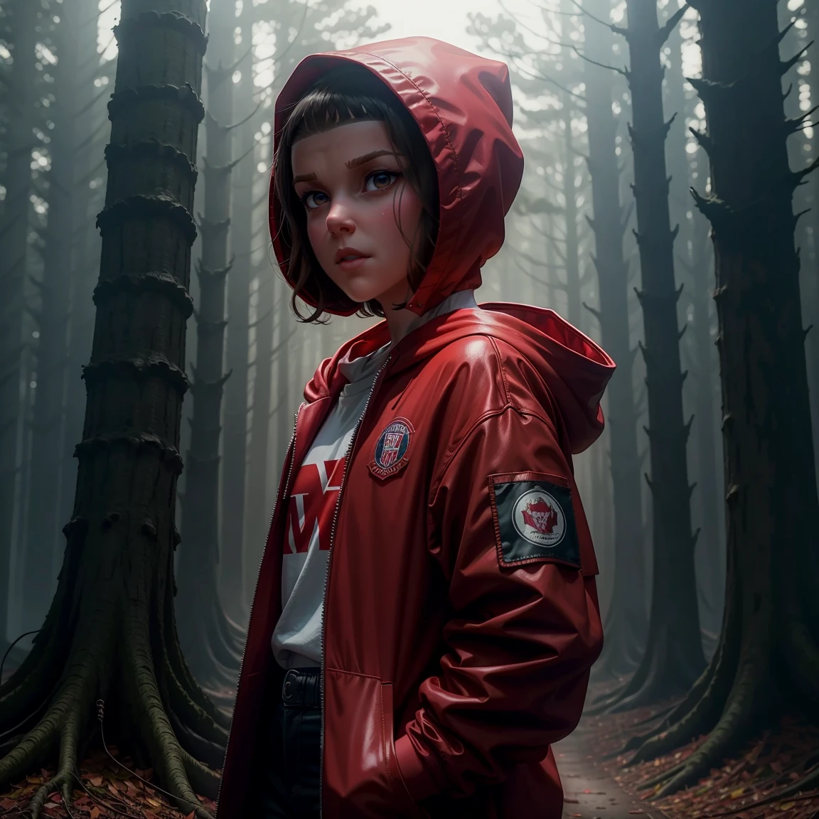 Millie Bobby Brown, mbb, wearing a red jacket and a hood in a dark forrest, horror style, stranger things, netflix, d3m0g