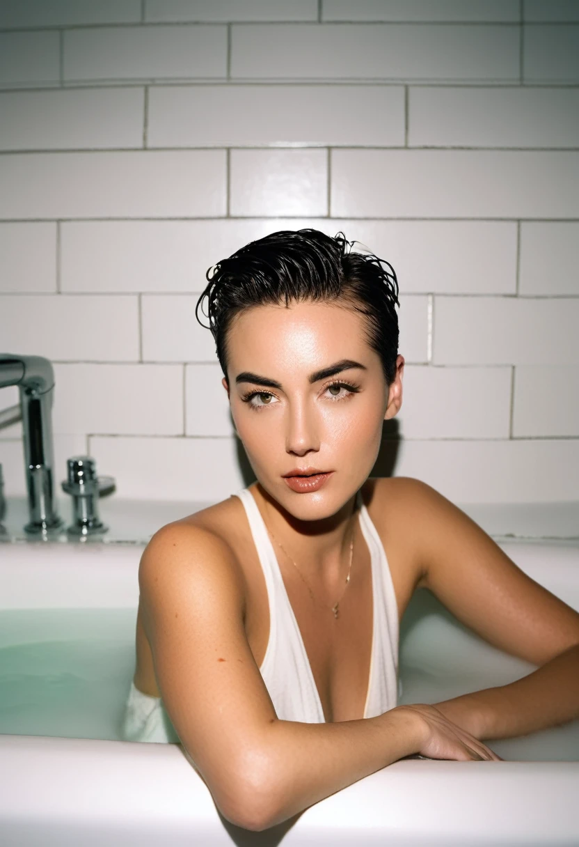 woman in her 20s sitting in a bath, short hair wet , slicked back hair, tank top, stylized, sexy