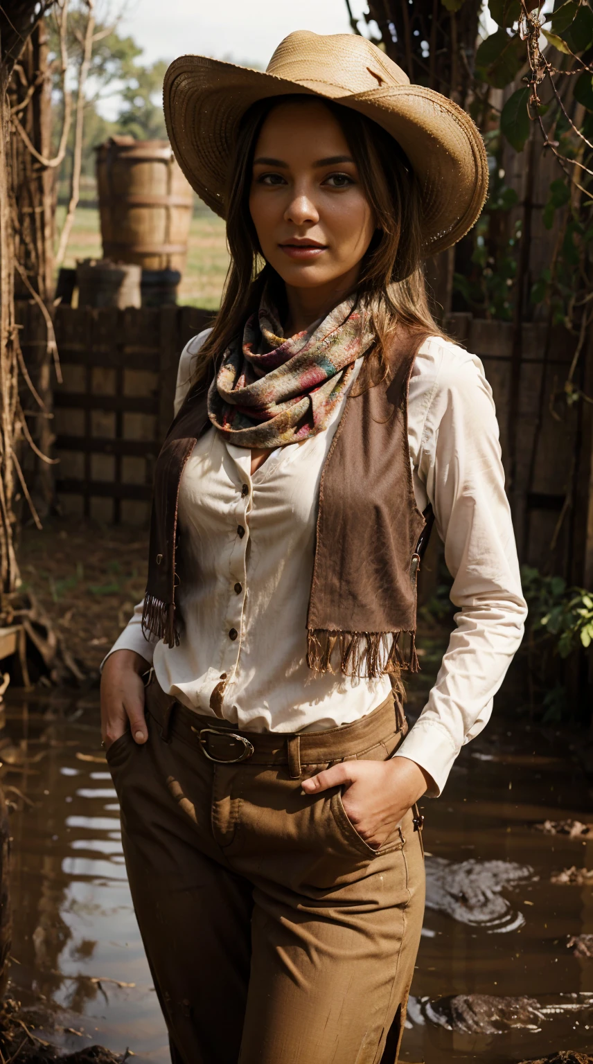 ((Female, 27 years old, red dead redemption aura, 1800s outlaw, dark green eyes, dark brown hair in messy braid, wearing dark poncho and tattered jeans, gun belt, knife strapped to leg, rifle strapped to back, dirty skin, back to viewer, head turned to look at viewer, slightly frown, cupid lips, roman nose, intimidating look, excellent quality, detailed face, detailed clothing, detailed body))