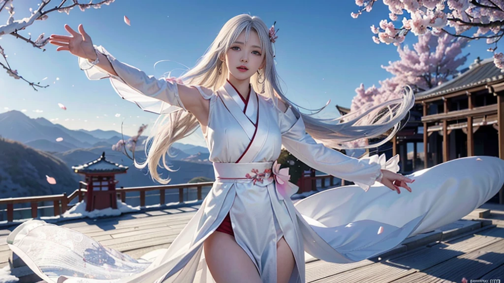 Pink cheongsam,Combat posture,holding knives,Wavy white hair,Long-legged beauty ninja,Foxtail