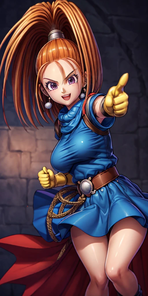 DQ6 Barbara, High Ponytail, Dress, Large breasts,
(Best Quality, masutepiece, Raw photo, Ultra-detailed:1.2), 1 girl Solo, Looking at Viewer, Smile, flered skirt, Skirt flips in the wind, Pose emphasizing buttocks, from front, cowboy shot, thumbs up