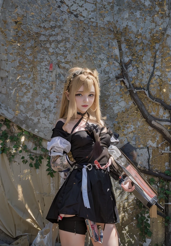 Nier:オートマタの2bの美しいコスプレ、2bのコスプレをした女性、White skin、expensive、21 years old、Englishman、Nier:2b'Automata's Black Costume、Light background、Against the backdrop of ruins、Standing expensive in the middle of the church、Shooting from an angle、masterpiece、Highest quality、High resolution、Fantasy、Glare、Anime Cosplay Makeup、Real Cosplay Photos、Cool Photos、Full body portrait、Handsome pose、Wrapped in the pale glow of the morning sun、like、happiness、kind、Smooth rendering