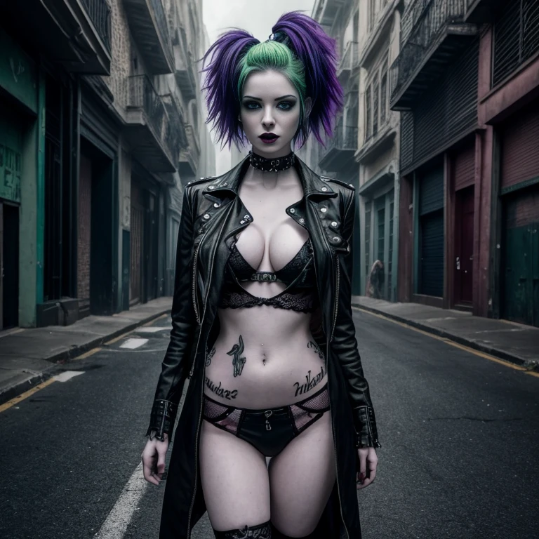 goth, excited, pale skin, smoky eyes, vivid colors, punk clothing, wild hairstyle, lime green hair, green lips, abandoned street, body view, huge breasts, shirtless, womb tattoo, heart tattoo