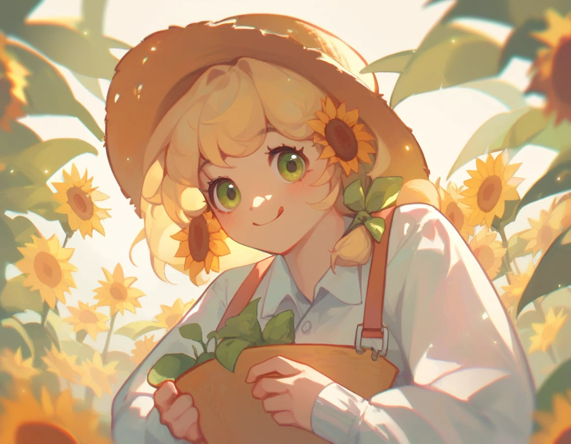 1 girl, cardigan, cute face, light, farmer, face, sunflowers 