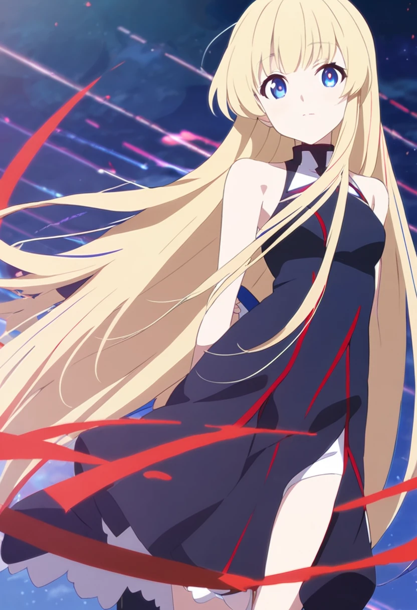 (1girl,,small),blonde hair,long hair,white dress, sleeveless, bow tie, bare shoulders,angry,smile,upper body,looking at view,extra arms,(simple background)