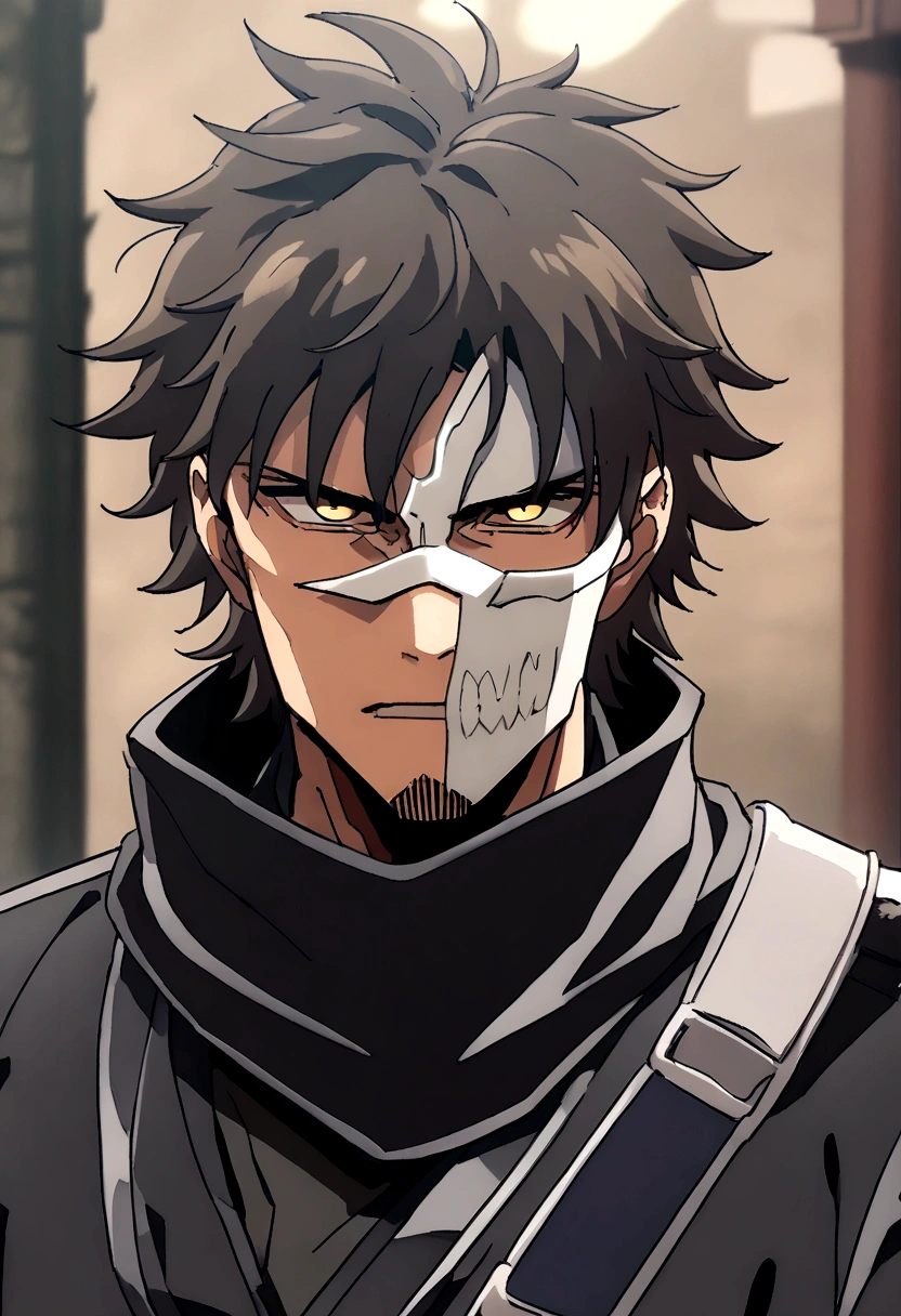 Anime man, shaved beard, serious face, black fluffy messy hair, black suit, cool, ((best quality)), black scarf, black waist straps, Fanny pack across shoulder, full hollow mask bandana monsterious covering up to nose, mouth, and jaw