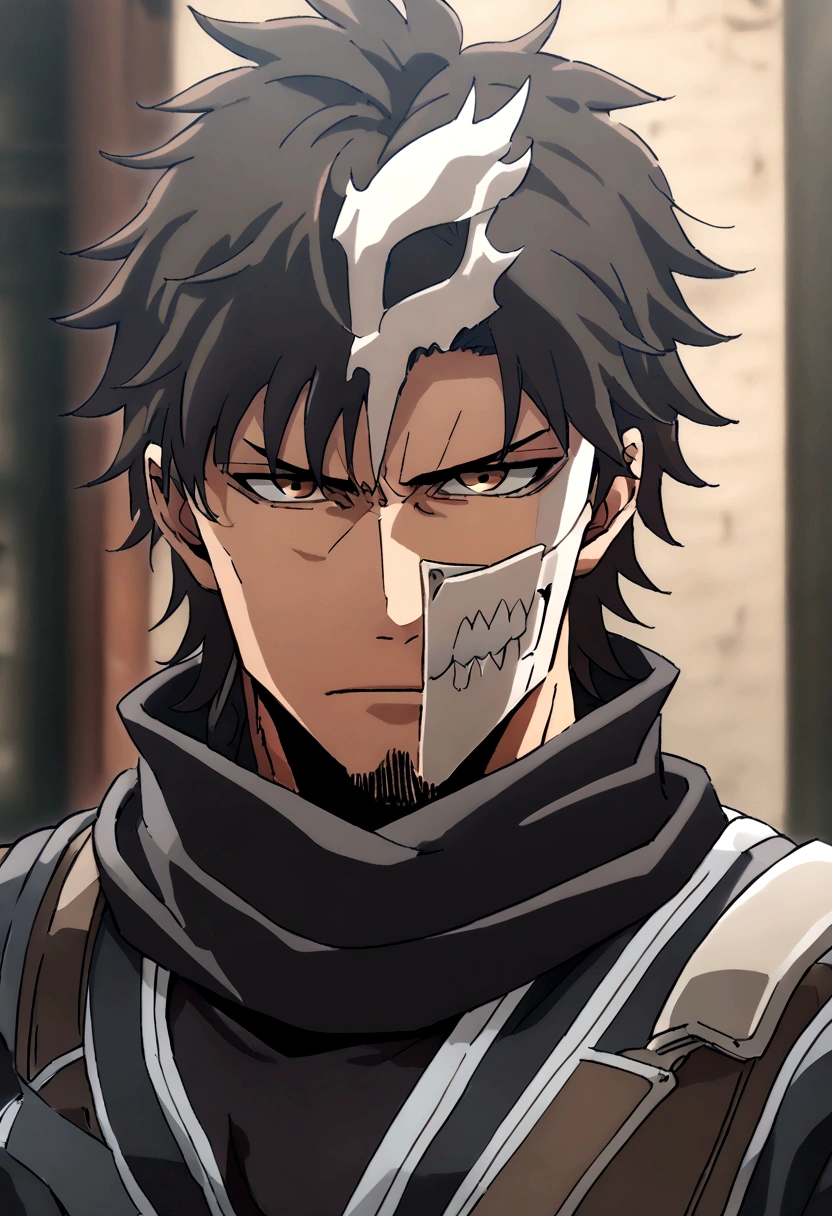 Anime man, shaved beard, serious face, black fluffy messy hair, black suit, cool, ((best quality)), black scarf, black waist straps, Fanny pack across shoulder, full hollow mask bandana monsterious covering up to nose, mouth, and jaw