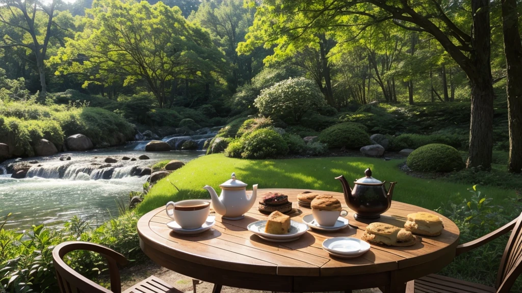 colorful afternoon tea set on the table,beautiful hotel's garden tea lounge background,autumn,