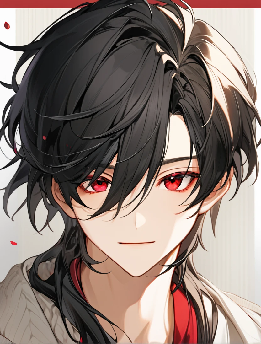 (Black_Hair), (red_ruby_eyes), (Handsome), (attractive), (male), (close_up_shot), (detailed_eyes), (detailed_hair), (clean_hair), (carefree_expression), (vertical_pupils), (peaceful_atmosphere), (mole_below_left_eye), 