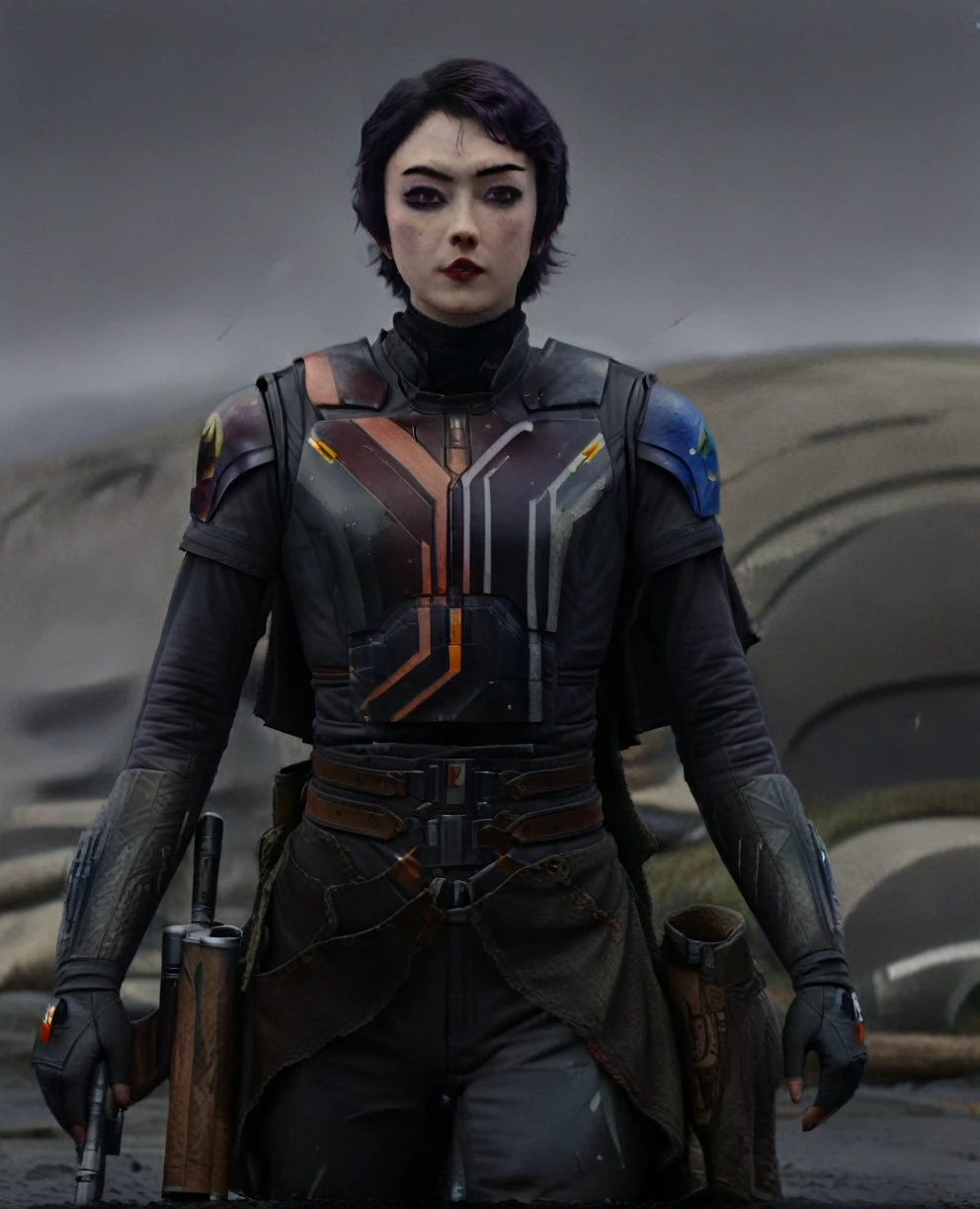 score_9,score_8_up,score_7_up,score_6_up, Trilla,green eyes,black hair, upper body, wet, armor,gloves,black bodysuit,black cape,belt,rain, science fiction,sith base, star wars, outdoors, rain, solo,fflixbag wearing armor sabine wren
