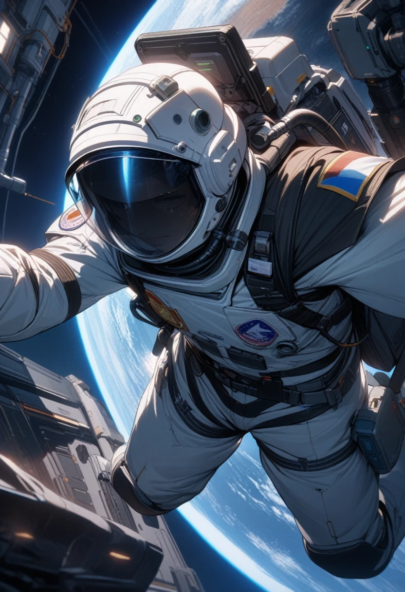 1male, solo, An astronaut floating in dark outer space with shining stars. His spacesuit has national flag and mission patches, and his visor reflects Earth's beautiful blues and greens. The helmet is equipped with a highly sensitive communication device, a high-resolution camera, and an LED light on the edge of the visor. The backpack on its back has a built-in oxygen supply system and cooling system, and warning lights are flashing. A vital monitor is attached to the arm, and a tactile sensor is built into the tip of the glove. The joints are reinforced with high-strength carbon fiber, and the boots feature magnetic soles. A huge space station can be seen behind him. In silence and solitude, he is floating in weightlessness, reaching out to the distant stars. ((Masterpiece)), ((Best Quality)), (Very Detailed), ((Very Detailed)), 4K, (8K), very aesthetic, absurdres highres,