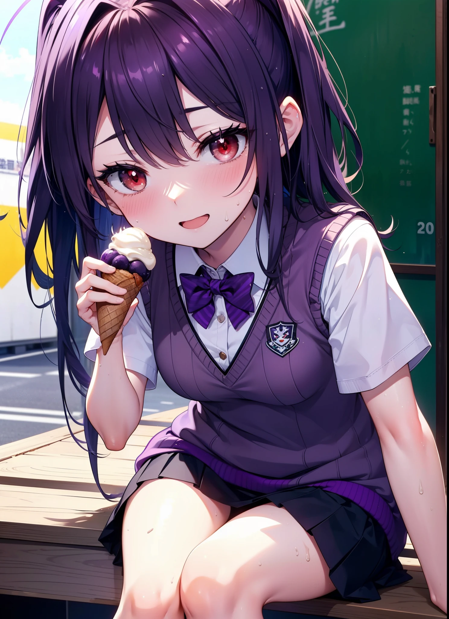 yuukikonno, Yuki Konno, hair band, Ahoge,Long Hair, Pointed Ears, Purple Hair, Sweat,happy smile, smile, Open your mouth,(Red eyes:1.5), (Small breasts:1.2), ,Holding ice cream with one hand,whole bodyがイラストに入るように,Sweat,Wet clothes, White shirt, Short sleeve, Pleated skirt, Collared shirt, mini skirt, Bow Ties, White knee-high socks,Brown Loafers , Black Skirt, green 弓, (Purple Sweater Vest:1.5),walking,Daytime,sunny,
break looking at viewer, whole body,
break outdoors,construction area,
break (masterpiece:1.2), Highest quality, High resolution, unity 8k wallpaper, (shape:0.8), (Beautiful details:1.6), Highly detailed face, Perfect lighting, Highly detailed CG, (Perfect hands, Perfect Anatomy),