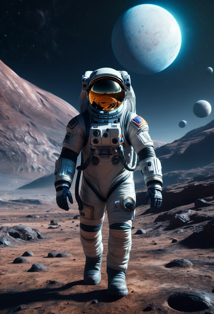 a photorealistic astronaut in a futuristic spacesuit, walking on the surface of an alien planet with two moons in the sky, detailed facial features, highly detailed, dramatic lighting, cinematic composition, intricate details, vibrant colors, hyper realistic, 8k, incredibly detailed, masterpiece, stunning, photographic