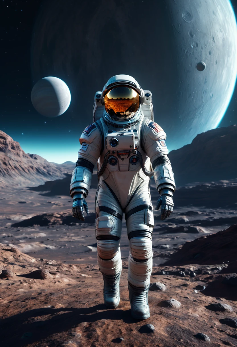 a photorealistic astronaut in a futuristic spacesuit, walking on the surface of an alien planet with two moons in the sky, detailed facial features, highly detailed, dramatic lighting, cinematic composition, intricate details, vibrant colors, hyper realistic, 8k, incredibly detailed, masterpiece, stunning, photographic