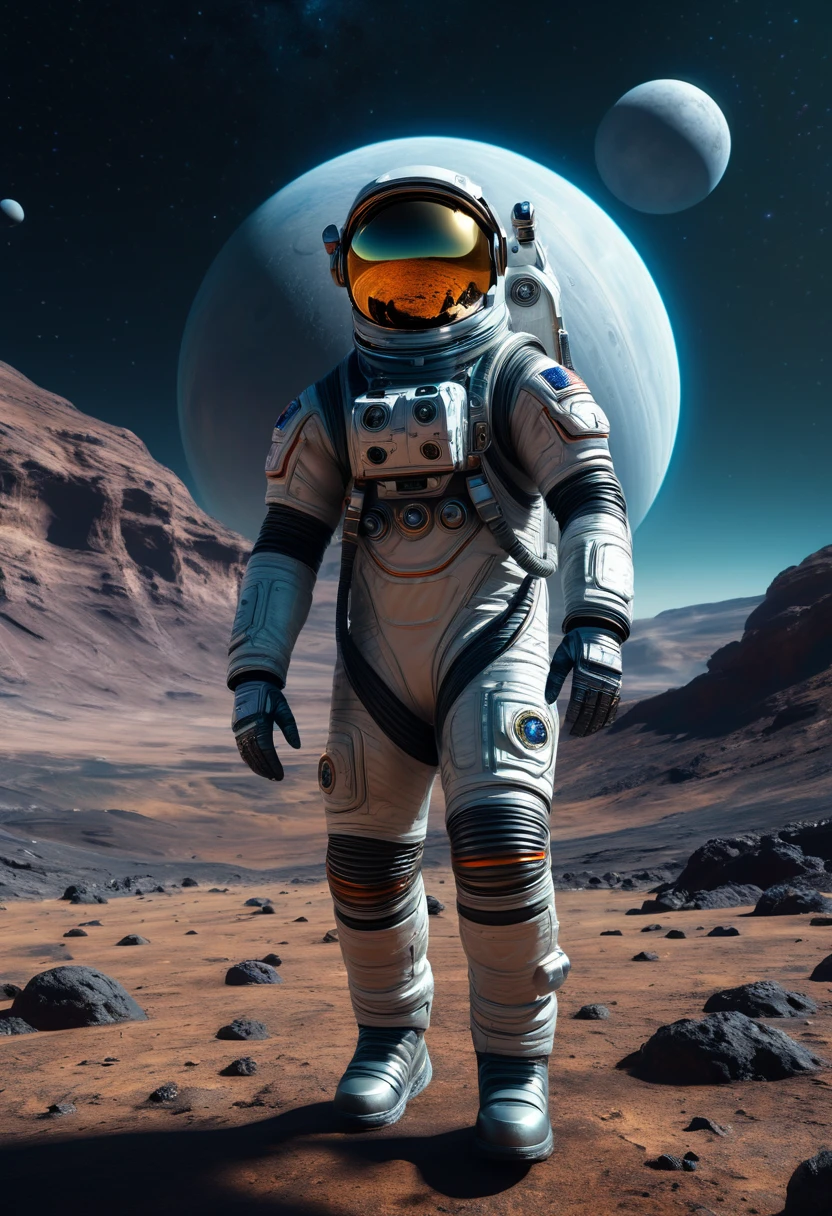 a photorealistic astronaut in a futuristic spacesuit, walking on the surface of an alien planet with two moons in the sky, detailed facial features, highly detailed, dramatic lighting, cinematic composition, intricate details, vibrant colors, hyper realistic, 8k, incredibly detailed, masterpiece, stunning, photographic