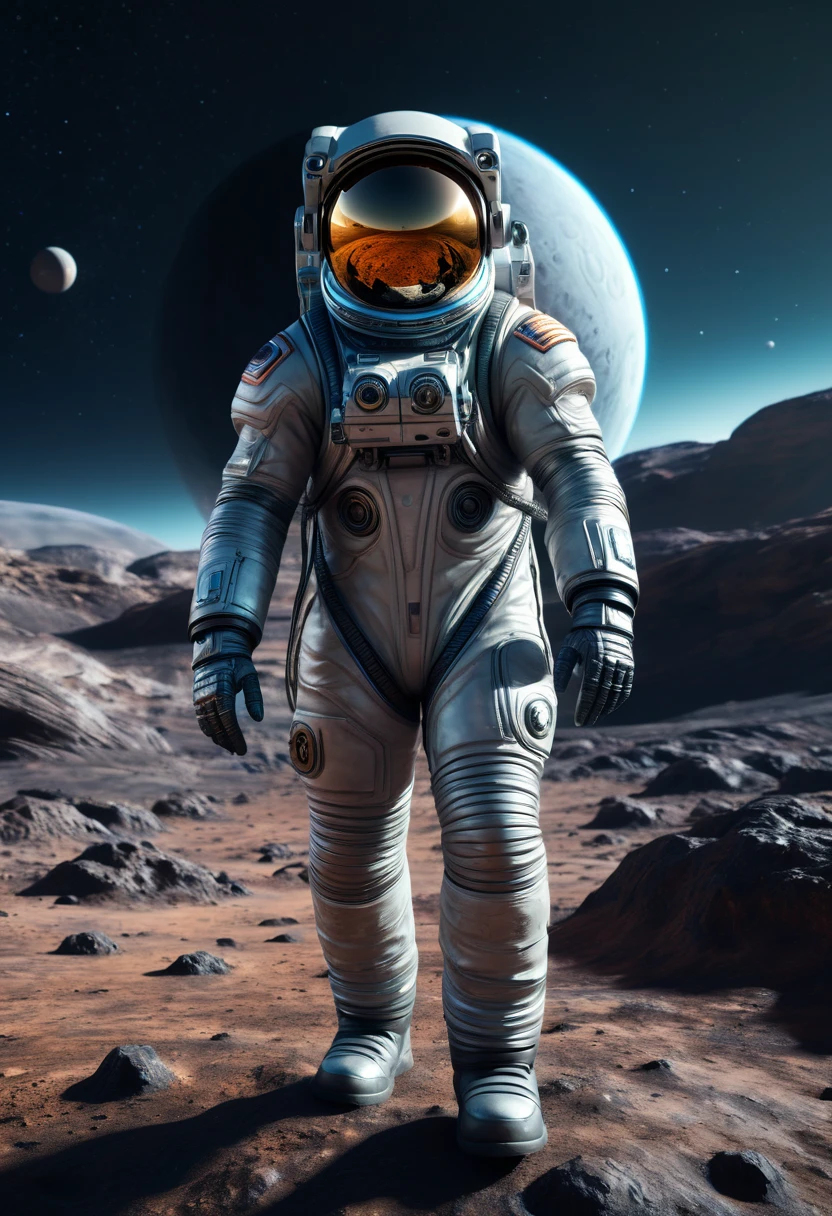 a photorealistic astronaut in a futuristic spacesuit, walking on the surface of an alien planet with two moons in the sky, detailed facial features, highly detailed, dramatic lighting, cinematic composition, intricate details, vibrant colors, hyper realistic, 8k, incredibly detailed, masterpiece, stunning, photographic