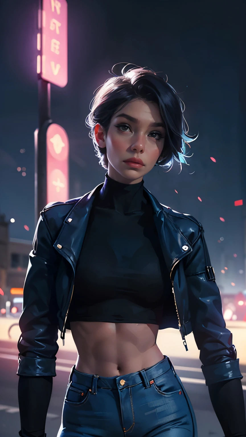 LadyBug, Paris, pretty face, Marinette Dupin-Cheng, short black pixie hair, blue women's jacket, white turtleneck tank top, jeans, white ballet flats, medium-sized breasts, slender body, ************, model shots, Paris at night, bright lights, neon