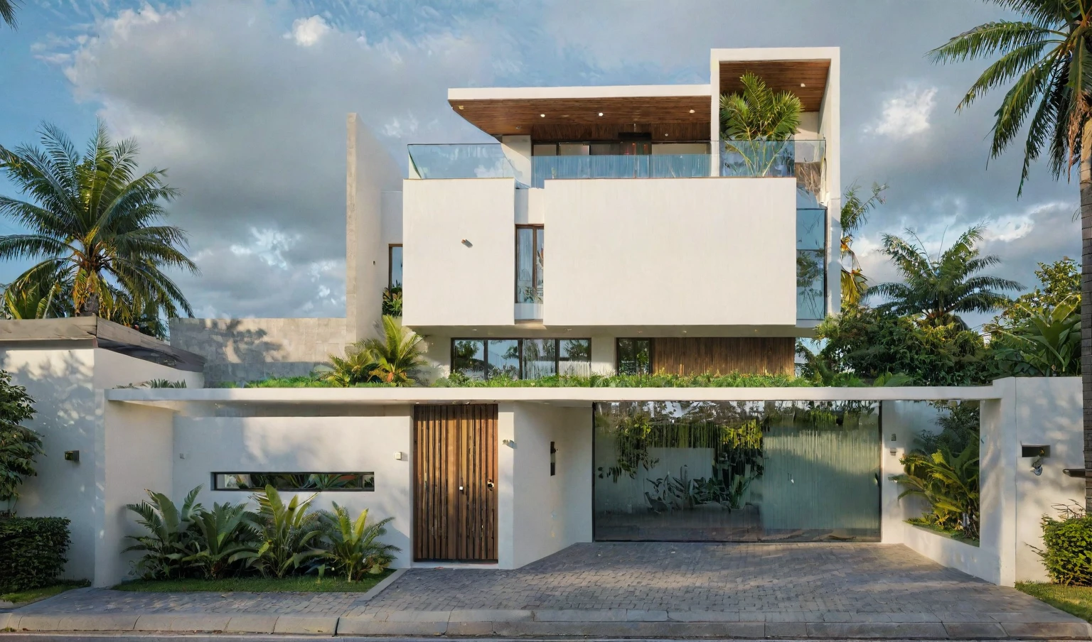 exterior house, contemporary style, white wall, wood wall, steel door, glass window, (realistic:1.2), Masterpiece, high quality, best quality, authentic, super detail, outdoors,road, trees, sky, cloud, (daylight:1.1), modern luxury villa, coconut trees, landscape, along the white beach, clear sky, day time, warm lighting RAW Photo, RAW texture, Super Realistic, 32K UHD, DSLR, soft lighting, high quality, film rating, Fujifilm XT3,Modern, Residential Architecture,  car in front of house