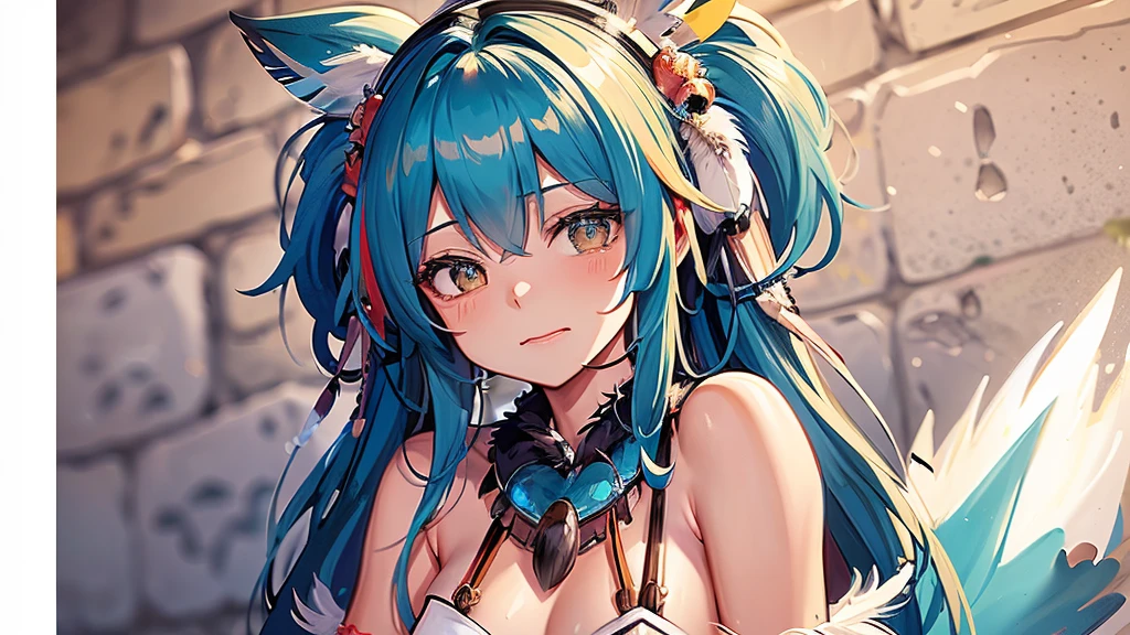 Miku Hatsune, add high definition_detail:1, blue fur,kitsune ears, tribal tattoo add_detail:1, sensual pose against the wall add_details:1, tribal feather necklage, rainbowed feather skirt, tribal feather ornaments for the body high definition, tribal feather bralette, desertic landscape oasis in the background, exhausted girl, sweating, very hot, intense sun add_detailsl 