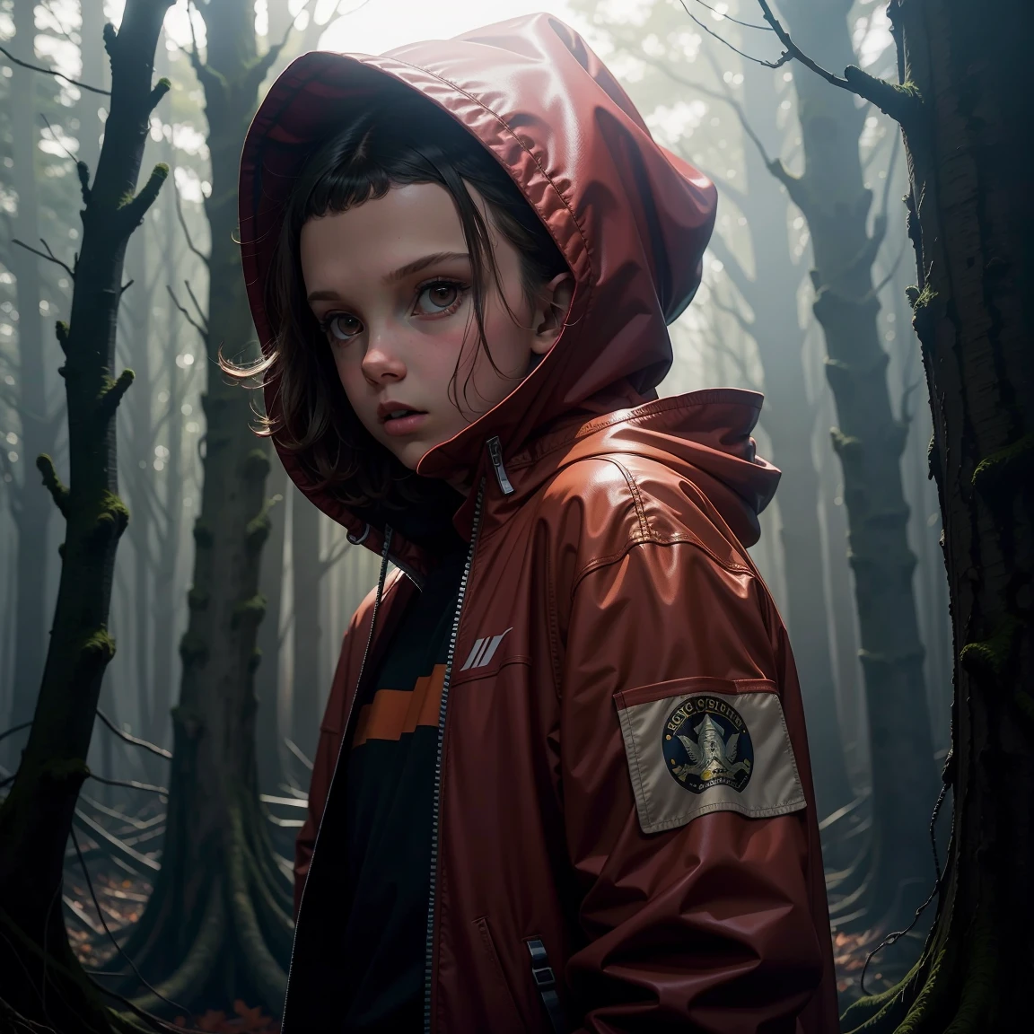 Millie Bobby Brown, mbb, wearing a red jacket and a hood in a dark forrest, horror style, stranger things, netflix, 