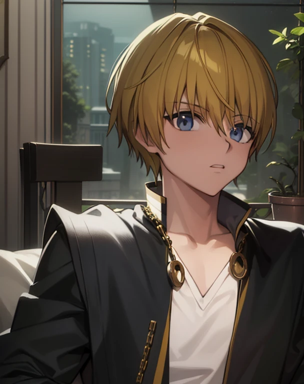 masterpiece, best quality, high quality, 1boy, solo, male focus, looking at viewer, upper body, kurapika, yellow hair, classic costume, black jacket, chains