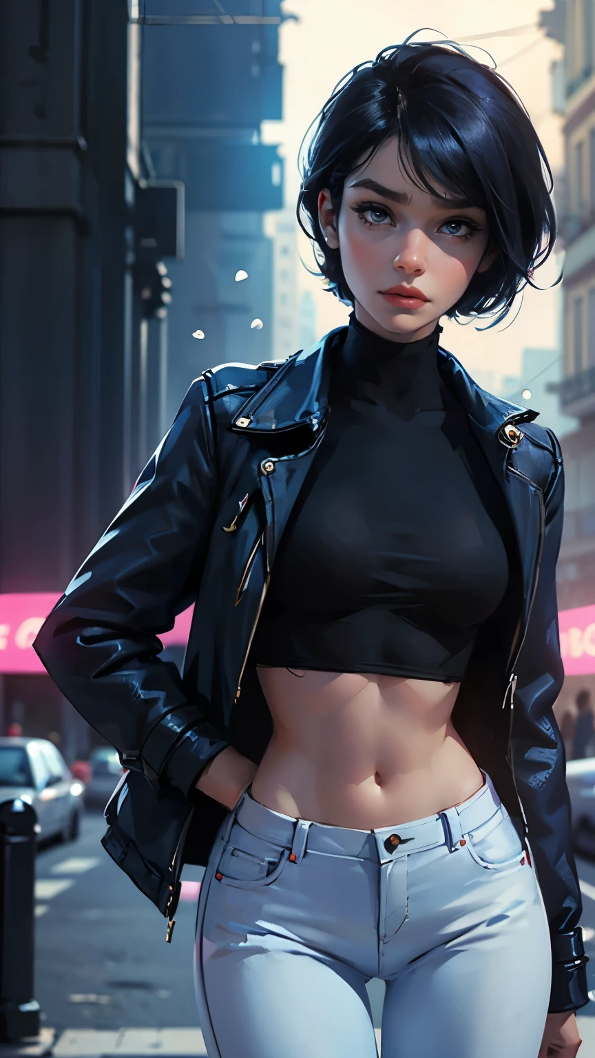 LadyBug, Paris, pretty face, Marinette Dupin-Cheng, short black pixie hair, blue women's jacket, white turtleneck tank top, jeans, white ballet flats, medium-sized breasts, slender body, , model shots, Paris at night, bright lights, neon