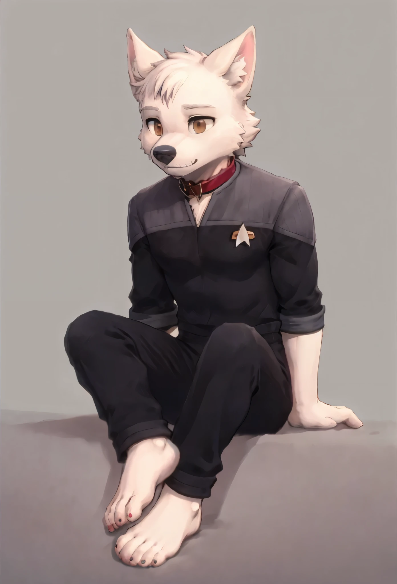 (((Barefoot furry character, full body, cinematic setting, furry male, plantigrade)))
(((Bolt))) (anthro dog with white fur, very cute and young looking face, big black snout), exudes confidence and authority as he sits in the captain's chair, and his Star Trek DS9 uniform with the Starfleet Delta badge on his chest is a perfect match for his muscular figure. Handsome clawed feet paws dominate the bridge of the star ship and its crew. (((black and grey ds9st uniform with red collar))). Bridge of starship with many screens and consoles as background, futuristic look, metalic. anatomically correct, Long black pants, black shirt with gray shoulders, red collar.
BREAK, intricate details, highly detailed, extreme detail, octane render, fine art, best quality, highres, (detailed face:1.5), ((full_body)), UHD, (((perfect hands))), low light