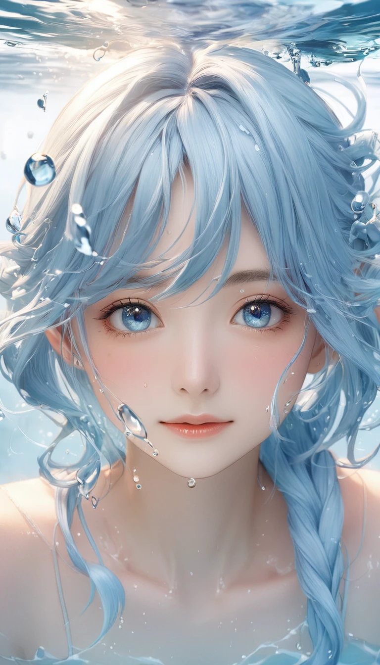 One girl, Female Water Spirit, Light blue hair, Internal spring water, Put a few drops of water on your skin,