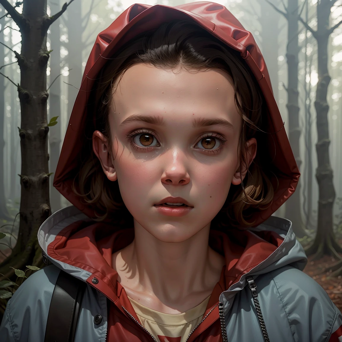 Millie Bobby Brown, mbb, wearing a red jacket and a hood in a dark forrest, horror style, stranger things, netflix,