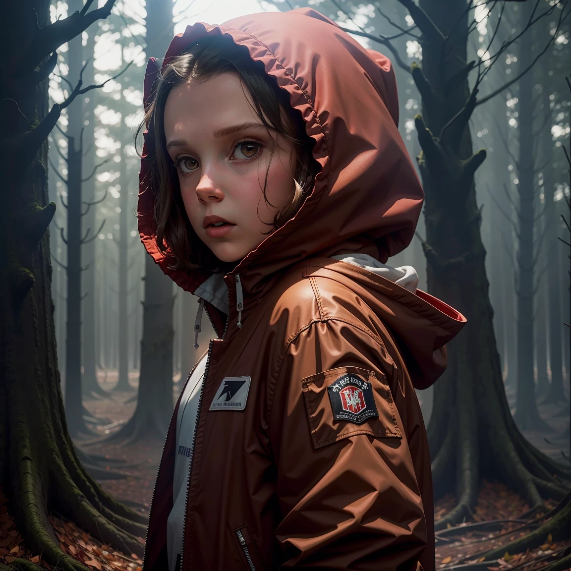 Millie Bobby Brown, mbb, wearing a red jacket and a hood in a dark forrest, horror style, stranger things, netflix,