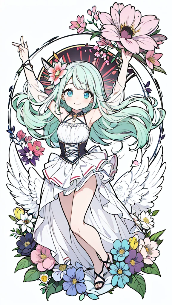 Highest resolution, highest quality, masterpiece, detailed, 4K, 8K, solo woman, angel, goddess, wings on her back, anime style, chibi character, mint green hair color, long hair, wavy hair, blue eyes, flower hair Ornament, white dress, ribbon, frills, fantasy, cute, grace, smile, background of colorful flowers, perfect hands, perfect arms, perfect fingers, perfect anatomy, cel style