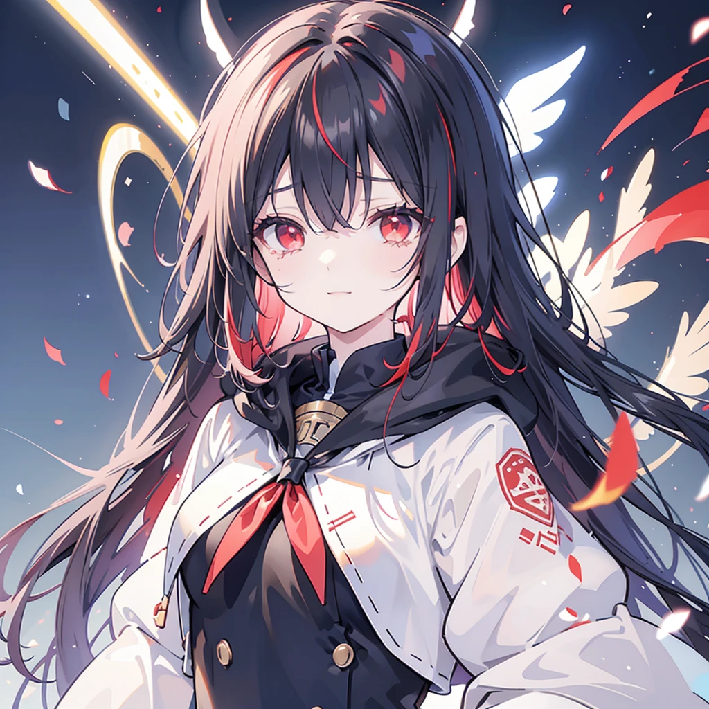 (((Fantasy　Black Hair　Dye the inside of your hair red　Long Hair　Dull red eyes　Cat ear　Beastman　Pad)))　((I have a crystal　uniform　Put on a coat without putting your arms through it　Wings many times larger than mine　Center close-up))　((Smile　gloves))　(Light　star)　Catch the wind　Shining Background　Lightの粒子, rainbow colored edges
