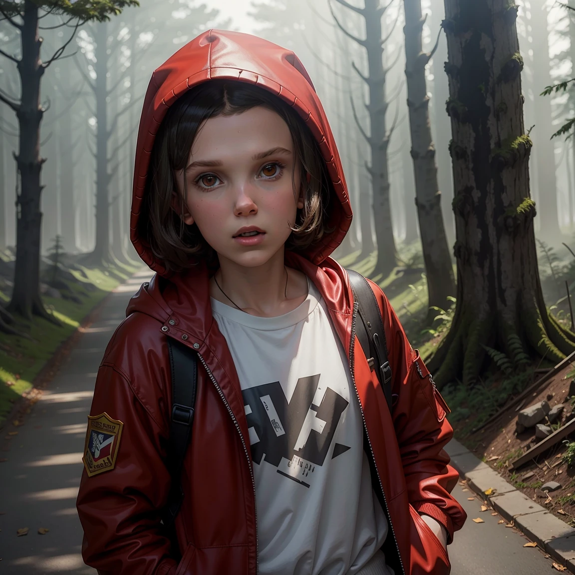 Millie Bobby Brown, mbb, wearing a red jacket and a hood in a dark forrest, horror style, stranger things, netflix, (( millie bobby brown )) , eleven