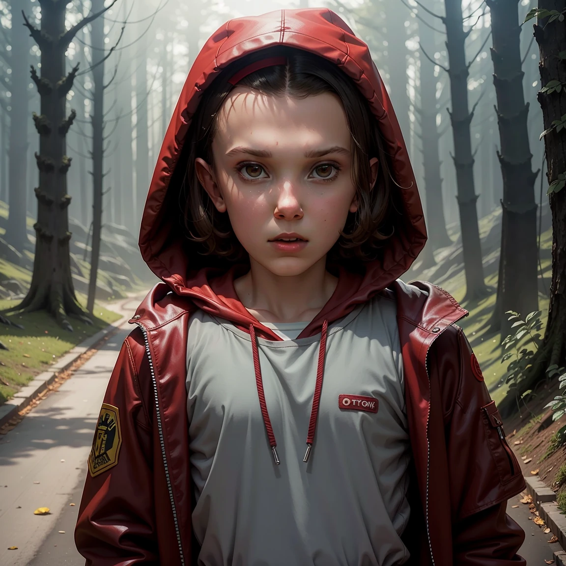 Millie Bobby Brown, mbb, wearing a red jacket and a hood in a dark forrest, horror style, stranger things, netflix, (( millie bobby brown )) , eleven