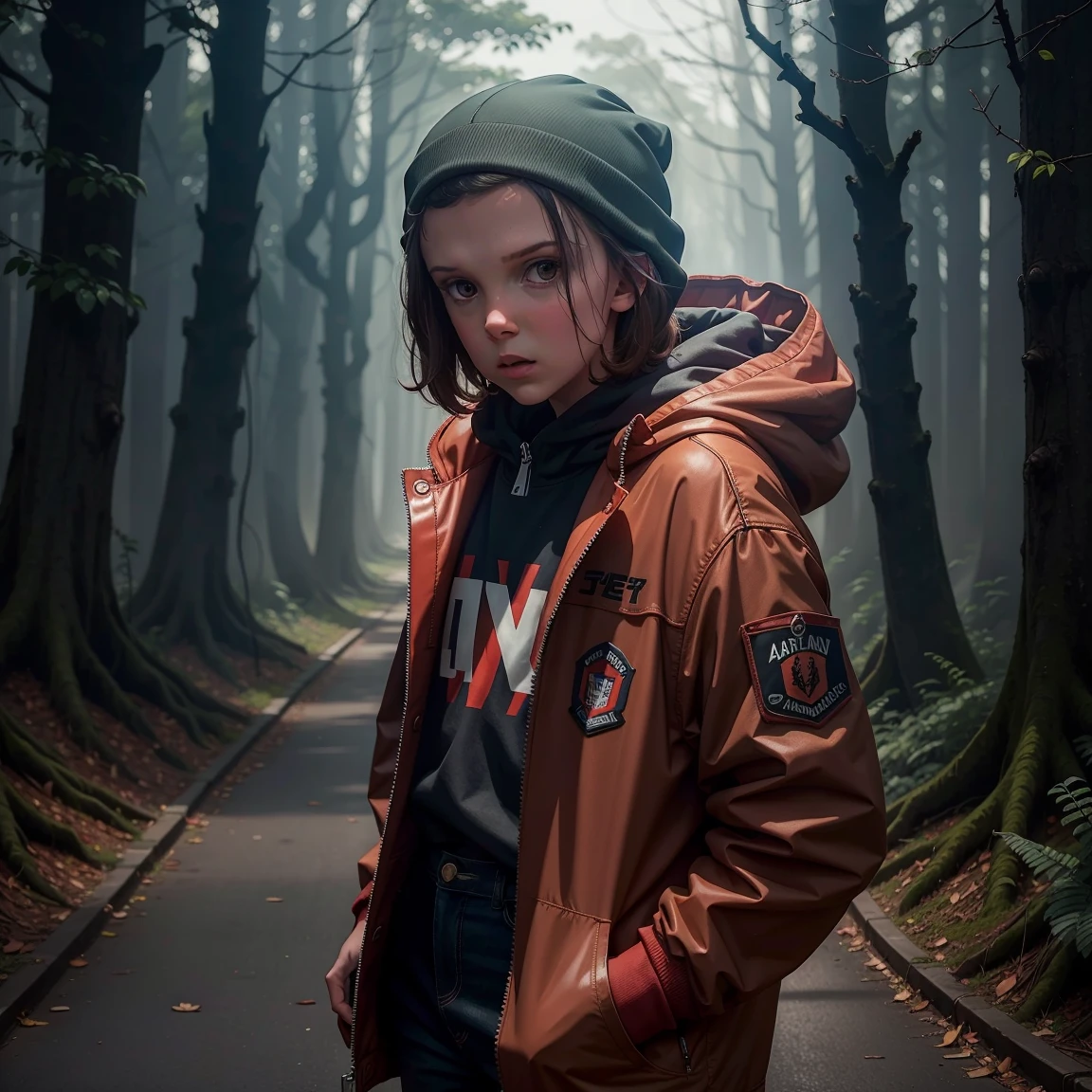 Millie Bobby Brown, mbb, wearing a red jacket and a hood in a dark forrest, horror style, stranger things, netflix, (( millie bobby brown )) , eleven