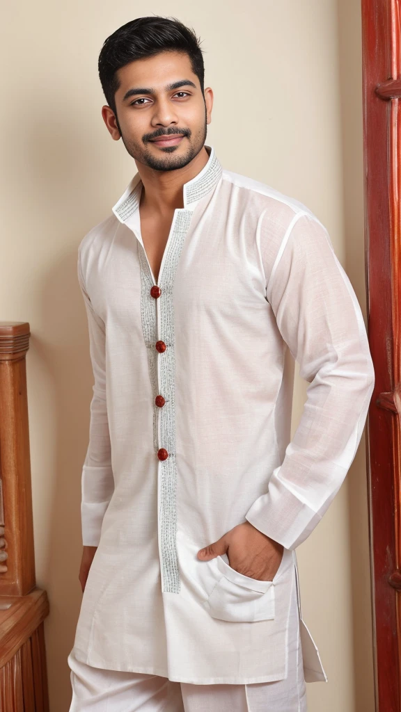 A sexy indian man wearing a kurta, homoerotic, handsome face 