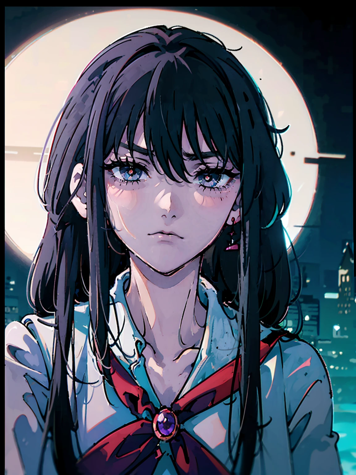 dark, masterpiece, Highest quality, 8K、Sailor Mars Red Collar, (Unhealthy face:1.9, Dark Eyes:1.5, Dark circles under the eyes, Yandere:1.5, Unhappy face, Lifeless face), Long hair in the eyes, Long Bangs, Eyes through the bangs, Big eyes,　Turquoise Eyes, Bust Shot, Dark atmosphere
