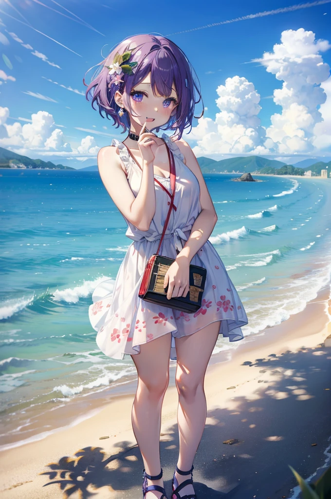 Harunasairenji, Haruna Sairenji, hair ornaments, (Purple eyes:1.1), Purple Hair, short hair, smile,blush,Open your mouth,White Tank Top,Long skirt,Cute Sandals,Standing with hands on knees,whole bodyがイラストに入るように,
break outdoors, Sandy Beach,Coastal Road,
break looking at viewer,whole body,
break (masterpiece:1.2), Highest quality, High resolution, unity 8k wallpaper, (shape:0.8), (Fine and beautiful eyes:1.6), Highly detailed face, Perfect lighting, Highly detailed CG, (Perfect hands, Perfect Anatomy),