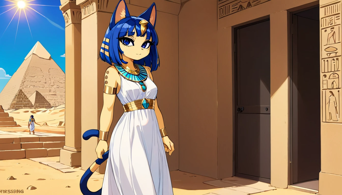 1girl，Artist Name，Egyptian cat，Blue Hair，skin，Keep your mouth shut，Wear，whole body，solo，Standing，猫Tail，Keep your mouth shut，Wear，Looking at the audience,Animal Crossing Furry, Blue Hair, Hair accessories, 黄skin, black eyes, White Dress, Tail, Egyptian Pyramids，mummy，Sunlight，sunny，(masterpiece), ((best quality), Detailed background, masterpiece, best quality, high quality, absurd, The award-winning, professional, Very detailed