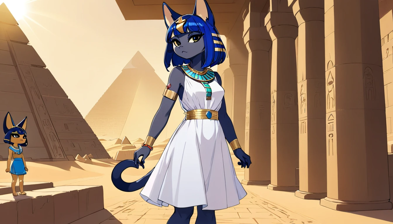 1girl，Artist Name，Egyptian cat，Blue Hair，skin，Keep your mouth shut，Wear，whole body，solo，Standing，猫Tail，Keep your mouth shut，Wear，Looking at the audience,Animal Crossing Furry, Blue Hair, Hair accessories, 黄skin, black eyes, White Dress, Tail, Egyptian Pyramids，mummy，Sunlight，sunny，(masterpiece), ((best quality), Detailed background, masterpiece, best quality, high quality, absurd, The award-winning, professional, Very detailed