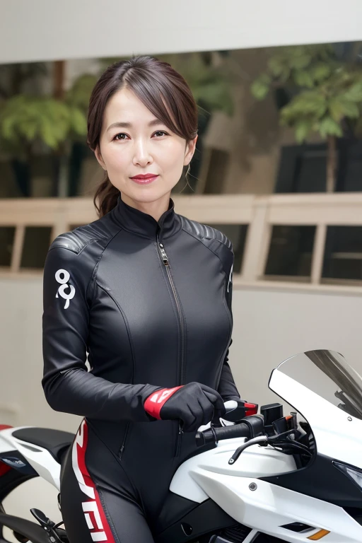 A calm and mature 55 year old Japanese woman, Beautiful married woman, Delicate features, Long eyelashes, Sparkling eyes, Low Ponytail, Red lipstick, Rosy Cheeks, Heavy makeup, elegant, Candid pose, Spanning a motorcycle, bike, Rider Suit, photo shoot, whole body, wallpaper, (Highest quality,8K,High resolution,masterpiece:1.2),
