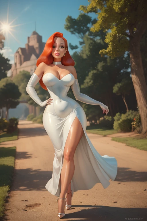 Jessica Rabbit. ginger. green eyes. short hairstyle. huge saggy breasts. huge hips. choker. wedding dress. Tan shiny glossy stockings,  high heels,  sun shiny day 