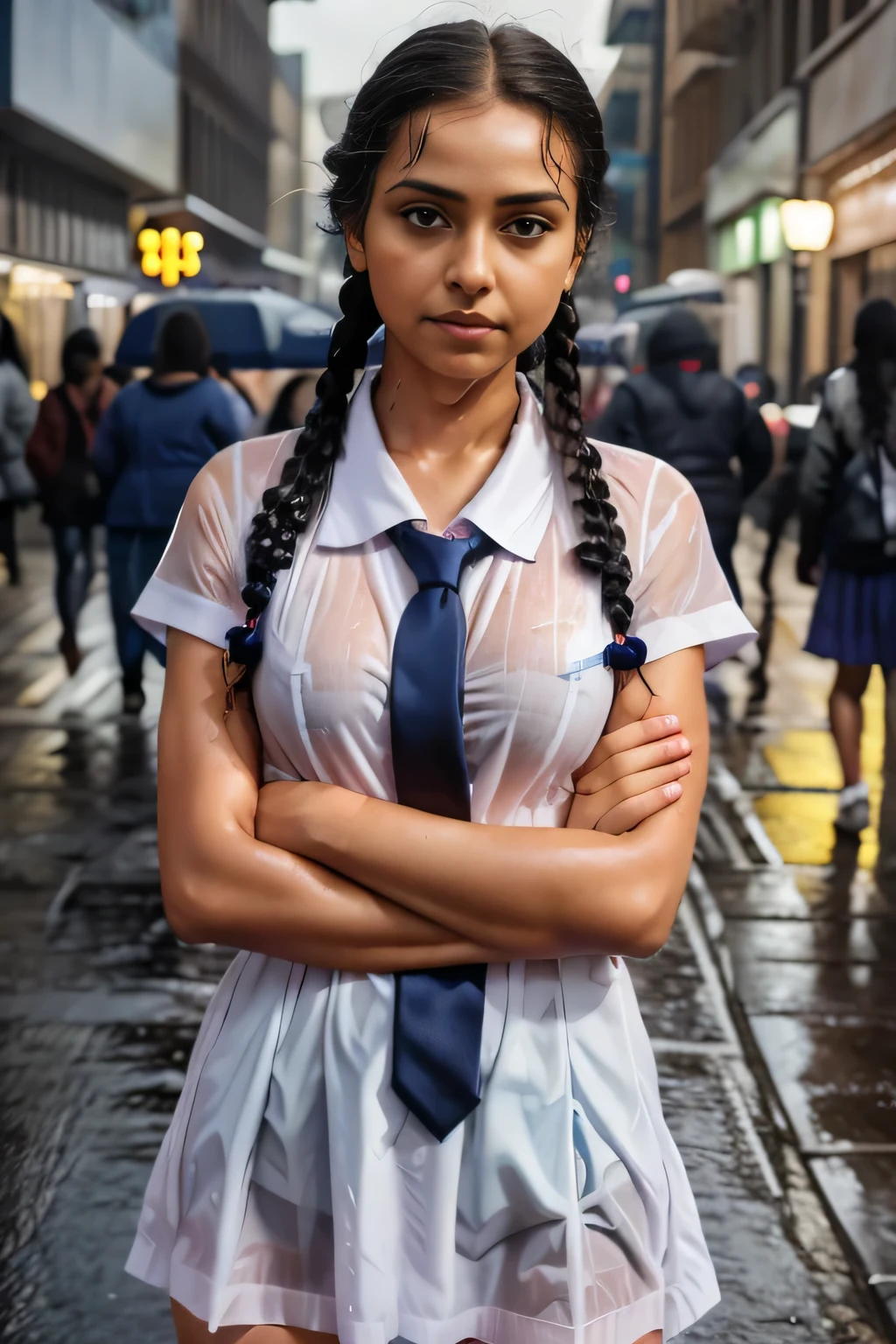 School Girl outside in white forck and color tie , caught in a downpout, raining, drenched, soaked, wet clothes, dishevelled,oil covered clothes,  wet skin and braided hair, posing, cold grey light, symmetric, pornographic, photographic quality, masterpiece, 8k, looking at viewer, cold, on city street, standing, late night, neon, busy street, narrow depth of field, close up, detailed eyes, dripping wet, bokeh, no bra, arms crossed under chest, pyjama top slightly open